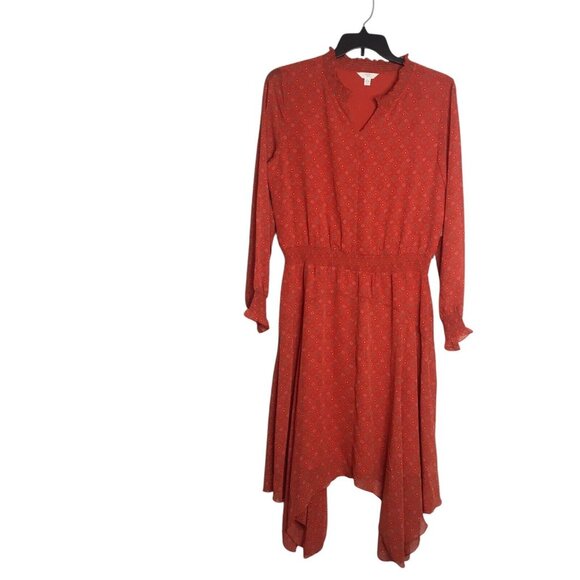 Boho Handkerchief hem Dress Women Large 12/14 red Orange print Long Sleeve - Picture 4 of 16